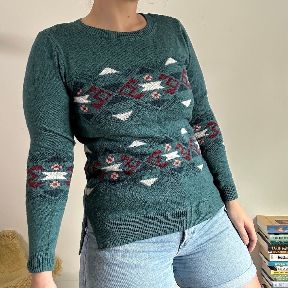 Hollister Dark Teal Western Desert Print Knitted Crewneck Fitted Sweater M
